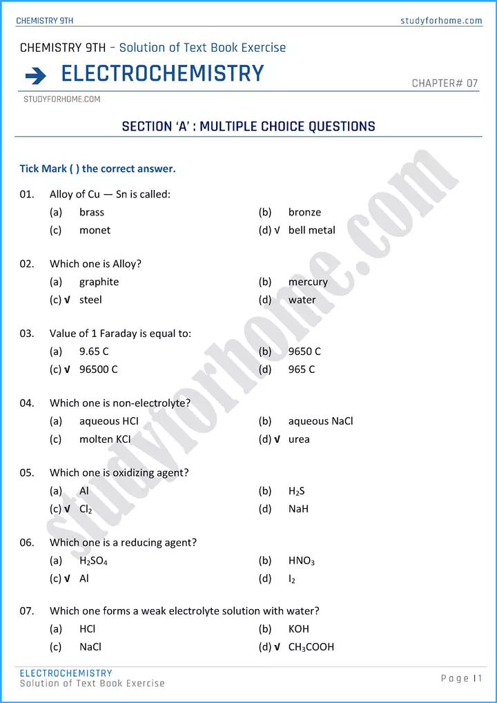 electrochemistry solution of text book exercise chemistry class 9th 01