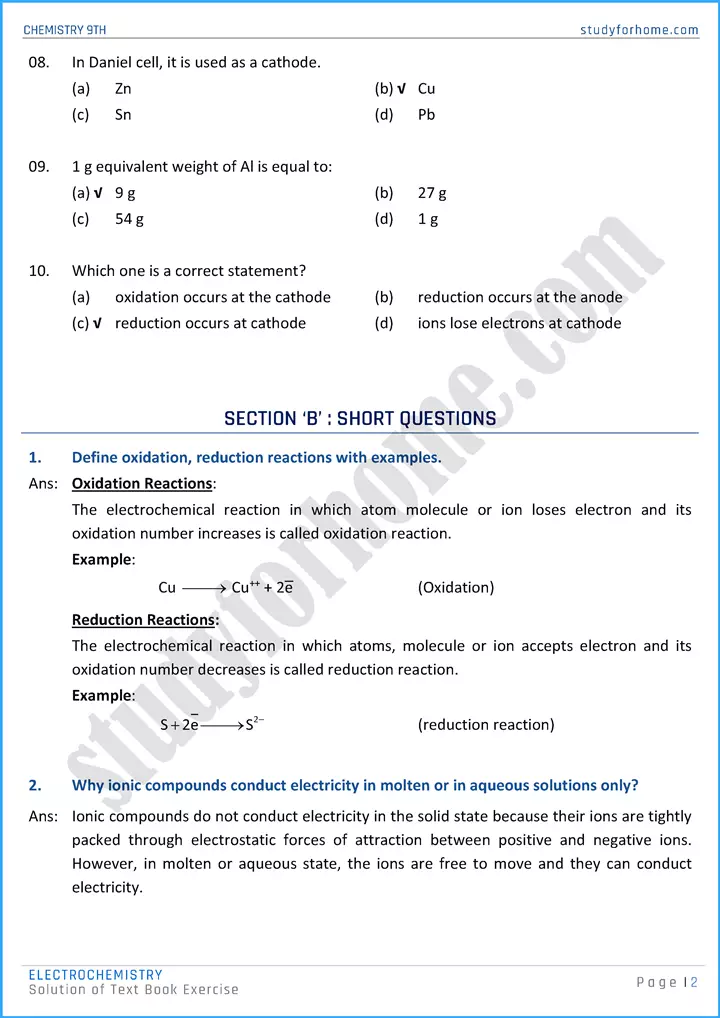 electrochemistry solution of text book exercise chemistry class 9th 02