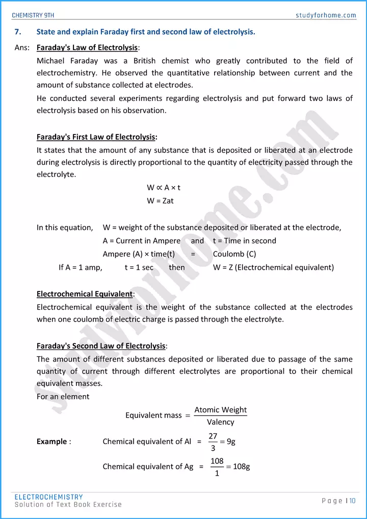 electrochemistry solution of text book exercise chemistry class 9th 10