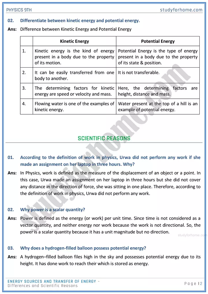 energy sources and transfer of energy differences and scientific reasons physics class 9th 02