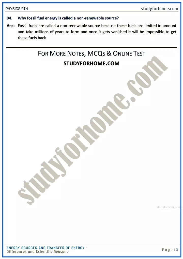 energy sources and transfer of energy differences and scientific reasons physics class 9th 03
