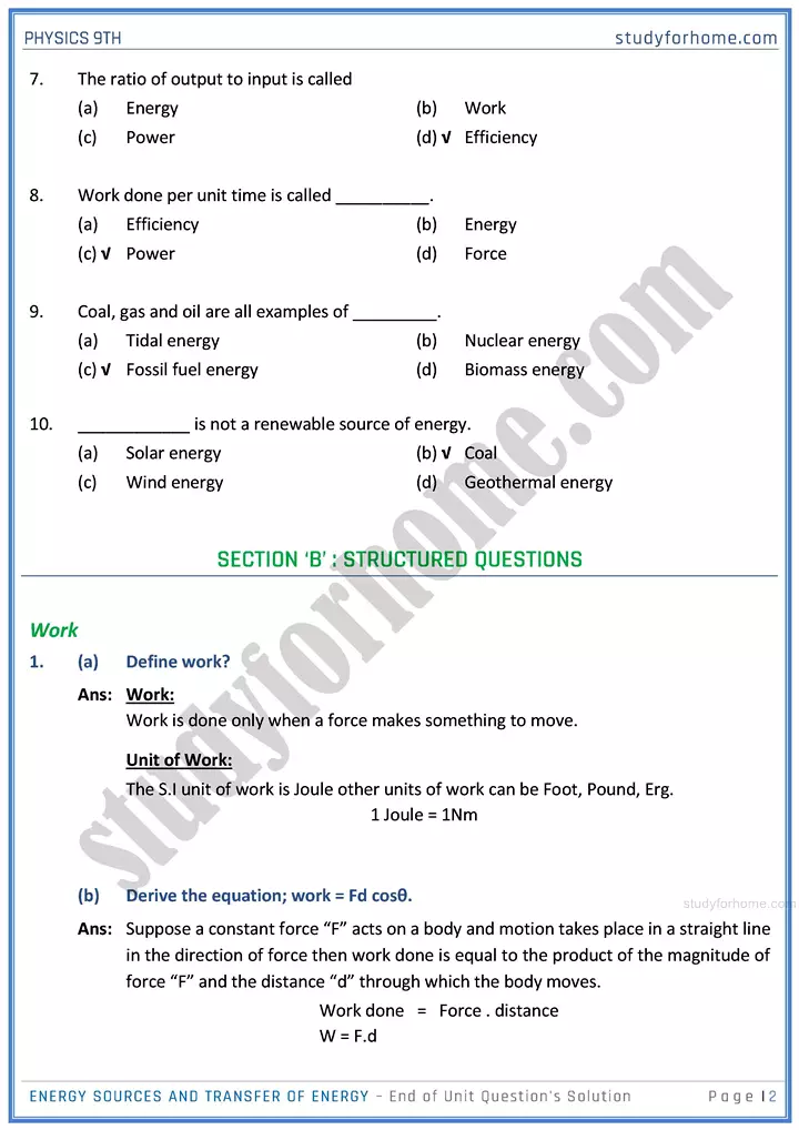 energy sources and transfer of energy end of unit questions solution physics class 9th 02