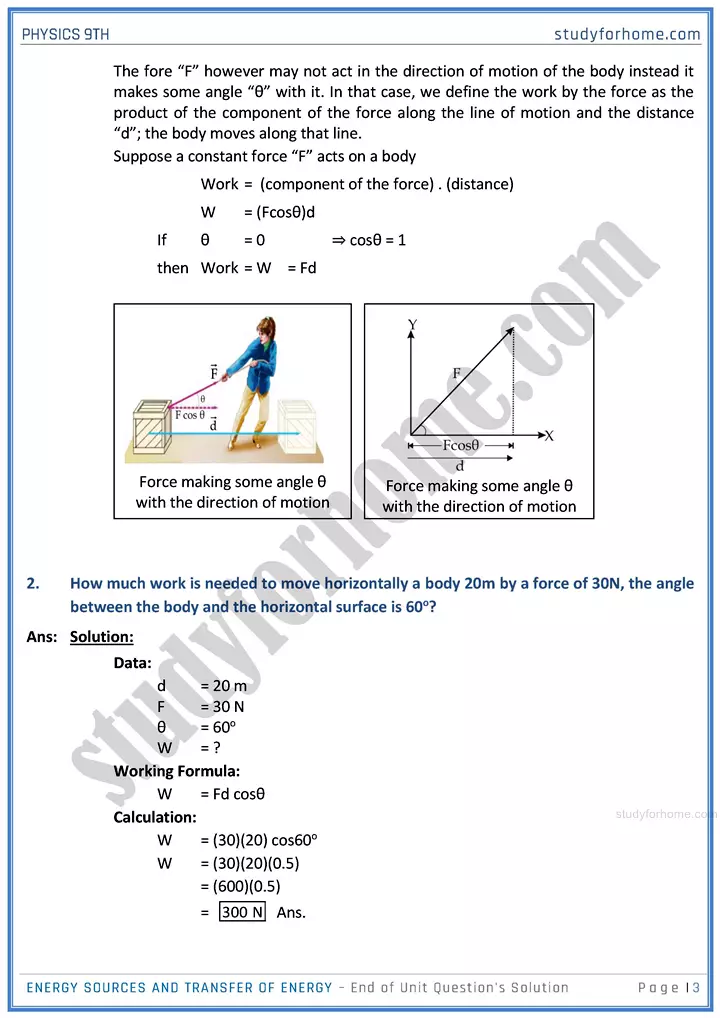 energy sources and transfer of energy end of unit questions solution physics class 9th 03