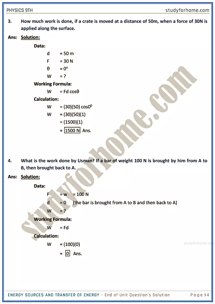 energy sources and transfer of energy end of unit questions solution physics class 9th 04