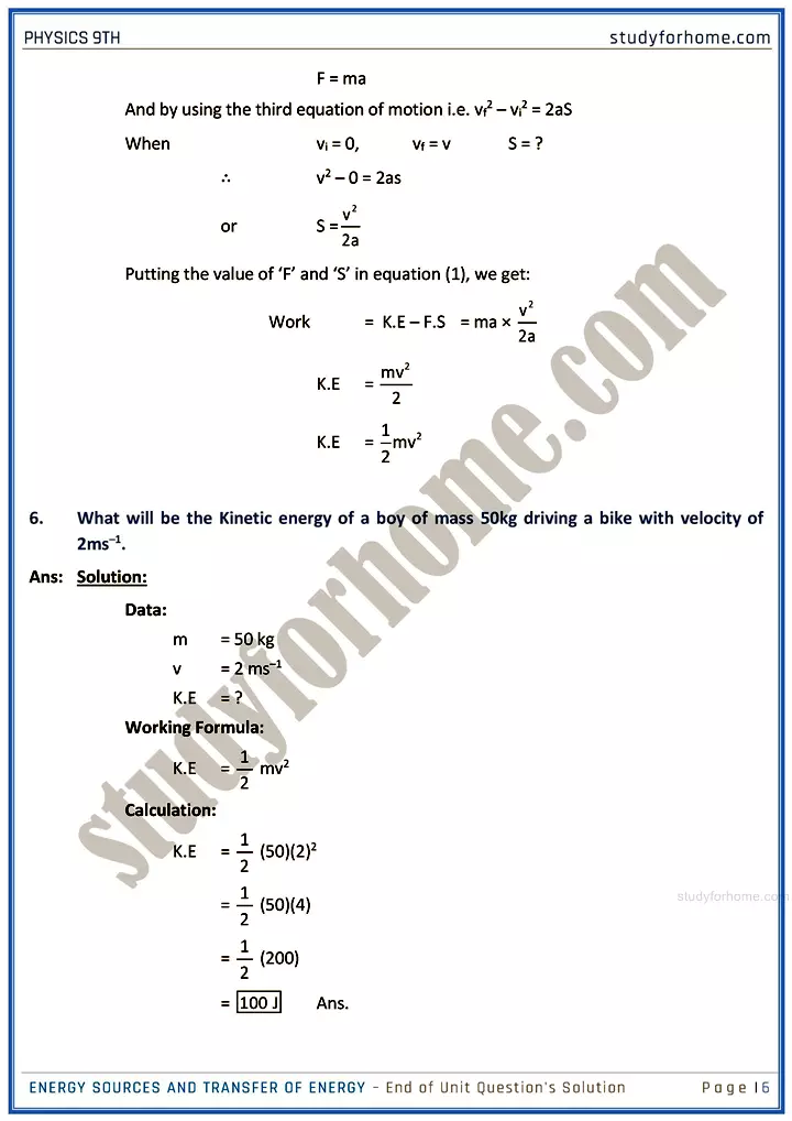 energy sources and transfer of energy end of unit questions solution physics class 9th 06