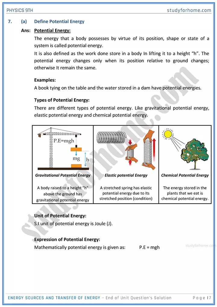 energy sources and transfer of energy end of unit questions solution physics class 9th 07