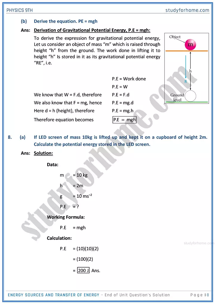 energy sources and transfer of energy end of unit questions solution physics class 9th 08