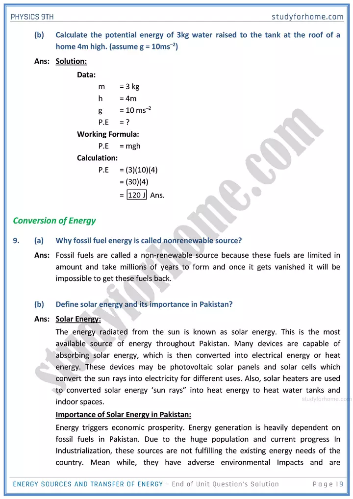 energy sources and transfer of energy end of unit questions solution physics class 9th 09