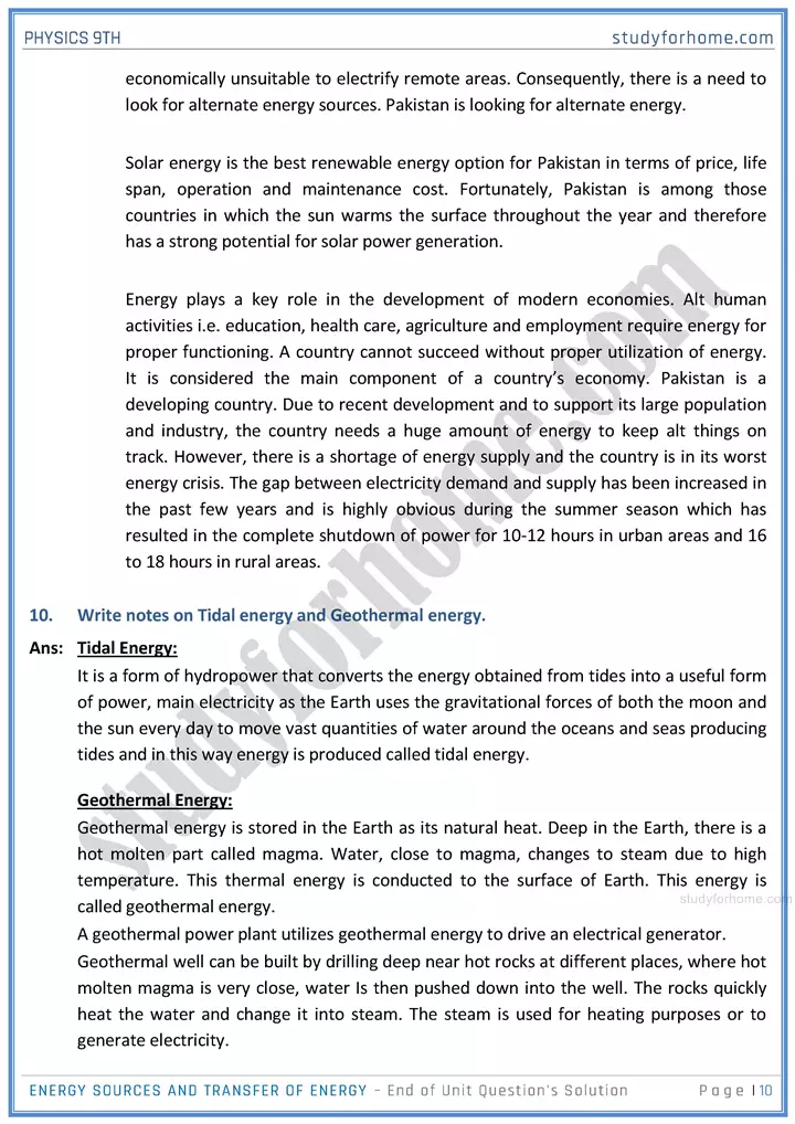 energy sources and transfer of energy end of unit questions solution physics class 9th 10