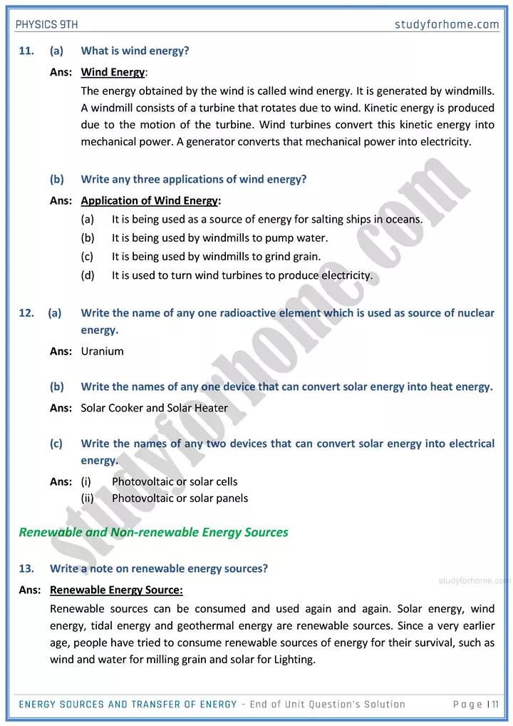 energy sources and transfer of energy end of unit questions solution physics class 9th 11