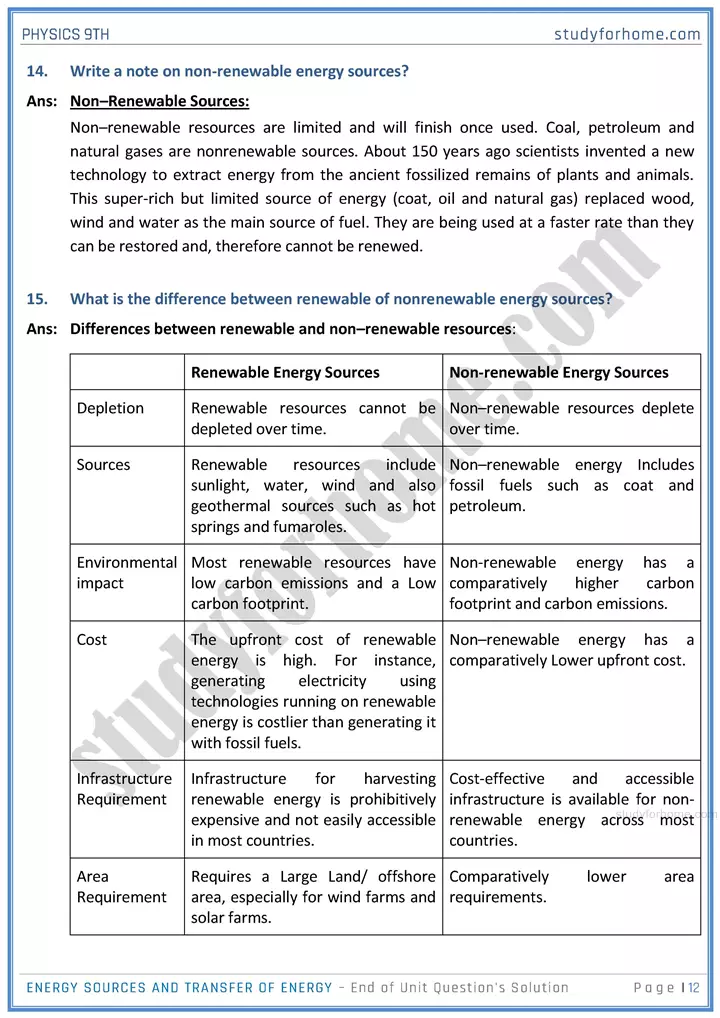 energy sources and transfer of energy end of unit questions solution physics class 9th 12