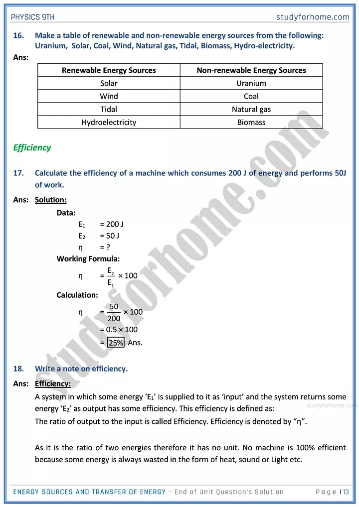 energy sources and transfer of energy end of unit questions solution physics class 9th 13