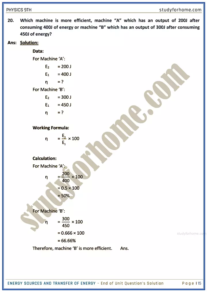 energy sources and transfer of energy end of unit questions solution physics class 9th 15