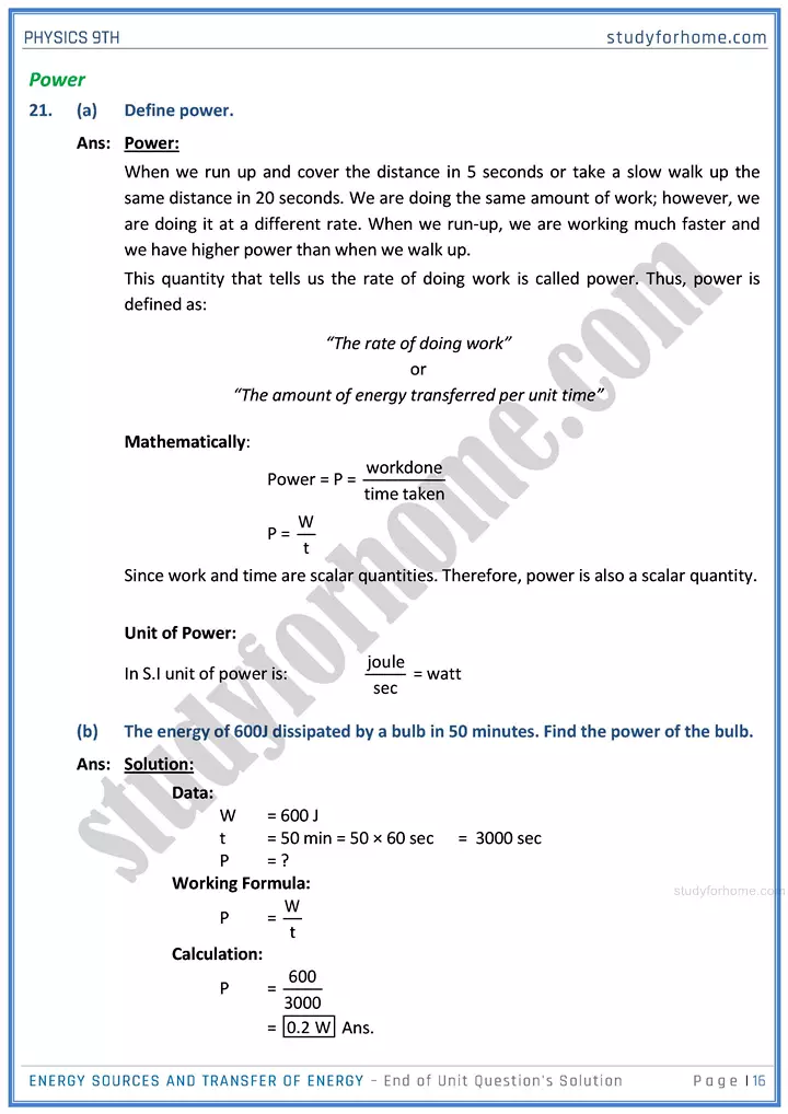 energy sources and transfer of energy end of unit questions solution physics class 9th 16