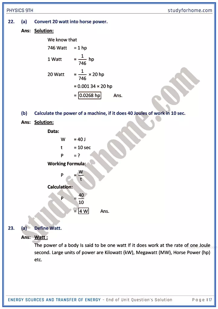 energy sources and transfer of energy end of unit questions solution physics class 9th 17