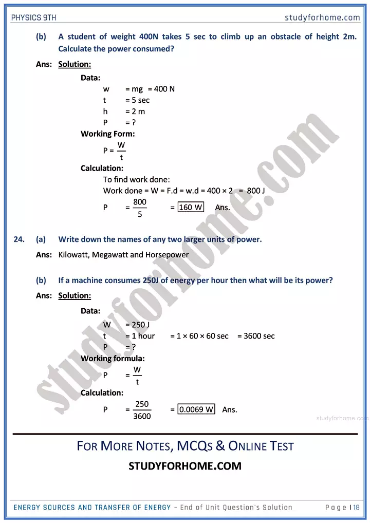 energy sources and transfer of energy end of unit questions solution physics class 9th 18