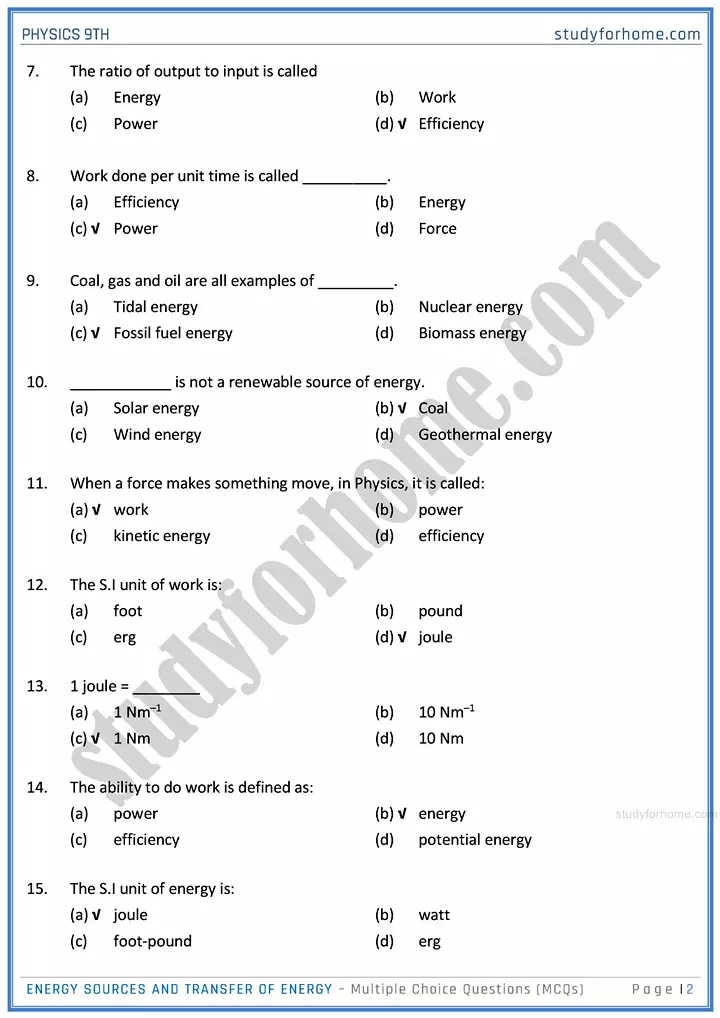 energy sources and transfer of energy multiple choice questions physics class 9th 02