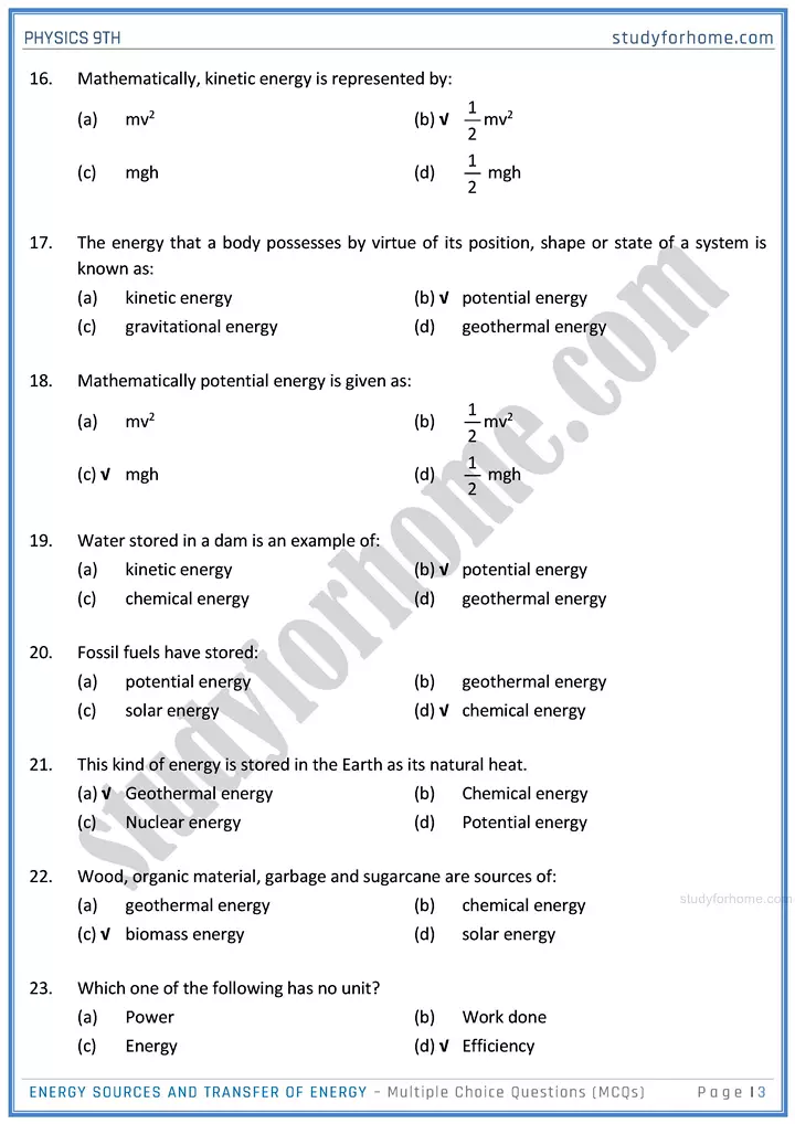 energy sources and transfer of energy multiple choice questions physics class 9th 03