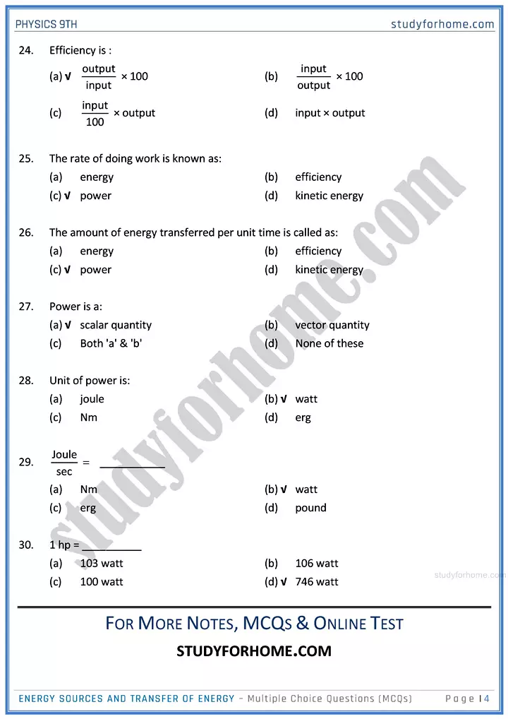 energy sources and transfer of energy multiple choice questions physics class 9th 04