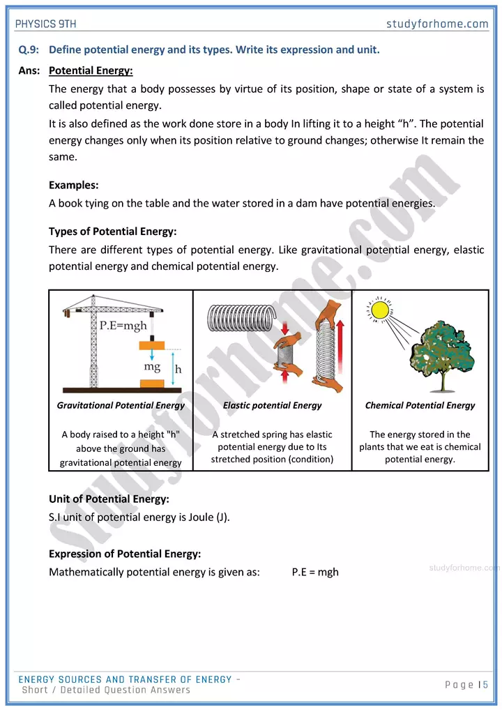 energy sources and transfer of energy short and detailed answer questions physics class 9th 05