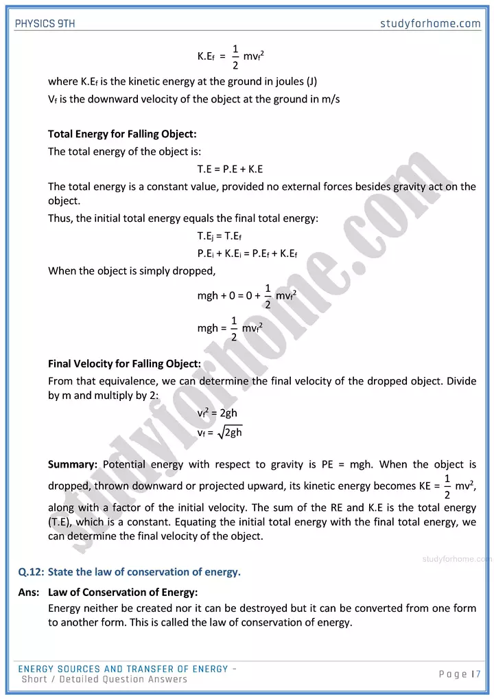 energy sources and transfer of energy short and detailed answer questions physics class 9th 07