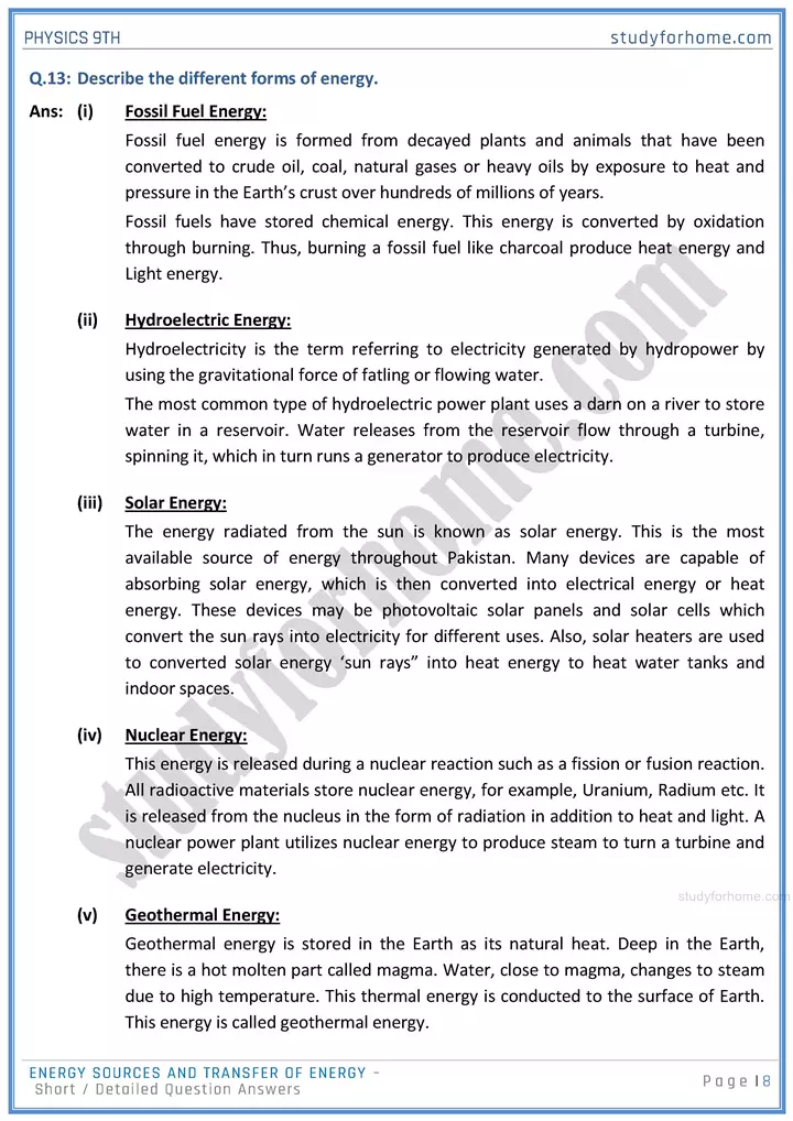 energy sources and transfer of energy short and detailed answer questions physics class 9th 08