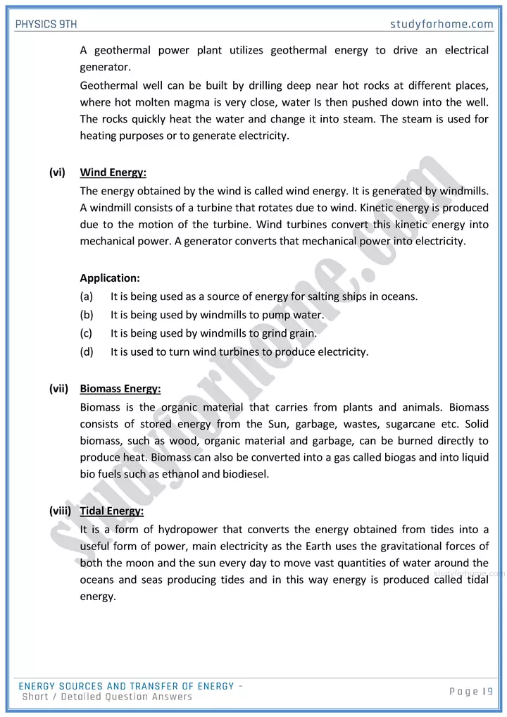 energy sources and transfer of energy short and detailed answer questions physics class 9th 09