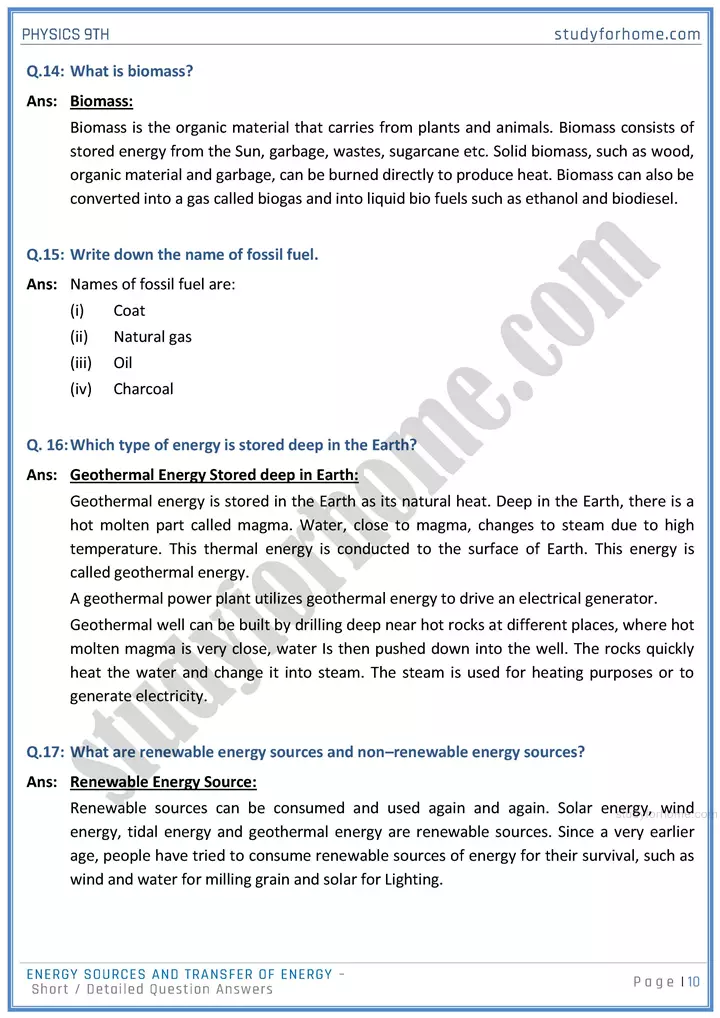 energy sources and transfer of energy short and detailed answer questions physics class 9th 10