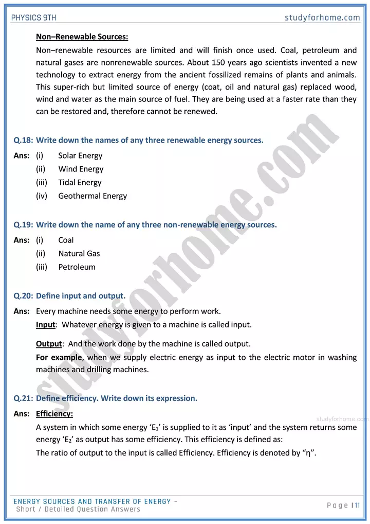 energy sources and transfer of energy short and detailed answer questions physics class 9th 11