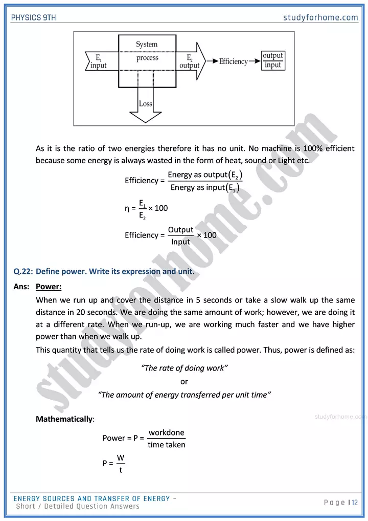 energy sources and transfer of energy short and detailed answer questions physics class 9th 12