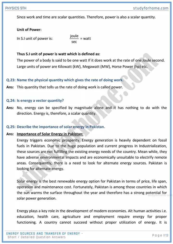 energy sources and transfer of energy short and detailed answer questions physics class 9th 13