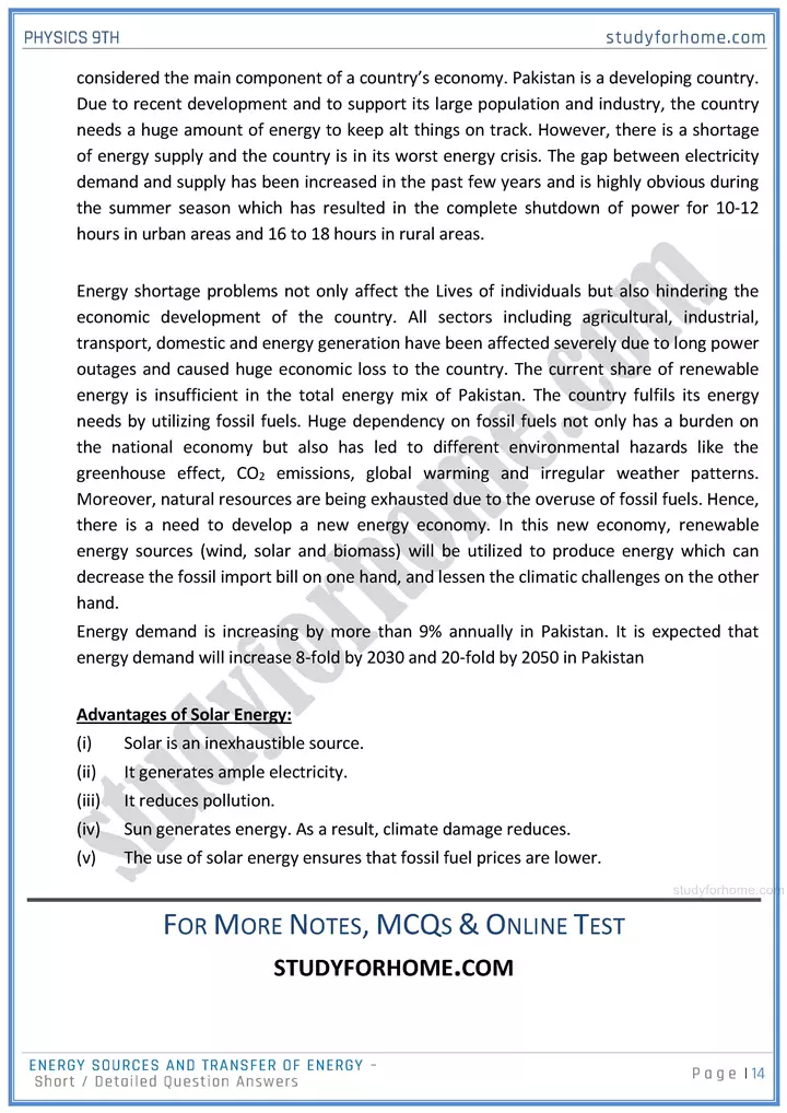 energy sources and transfer of energy short and detailed answer questions physics class 9th 14