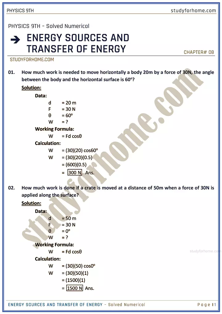 energy sources and transfer of energy solved numerical physics class 9th 01