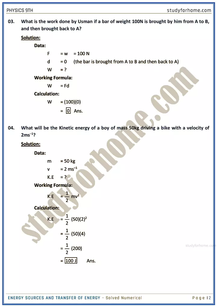 energy sources and transfer of energy solved numerical physics class 9th 02