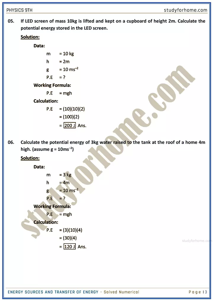 energy sources and transfer of energy solved numerical physics class 9th 03