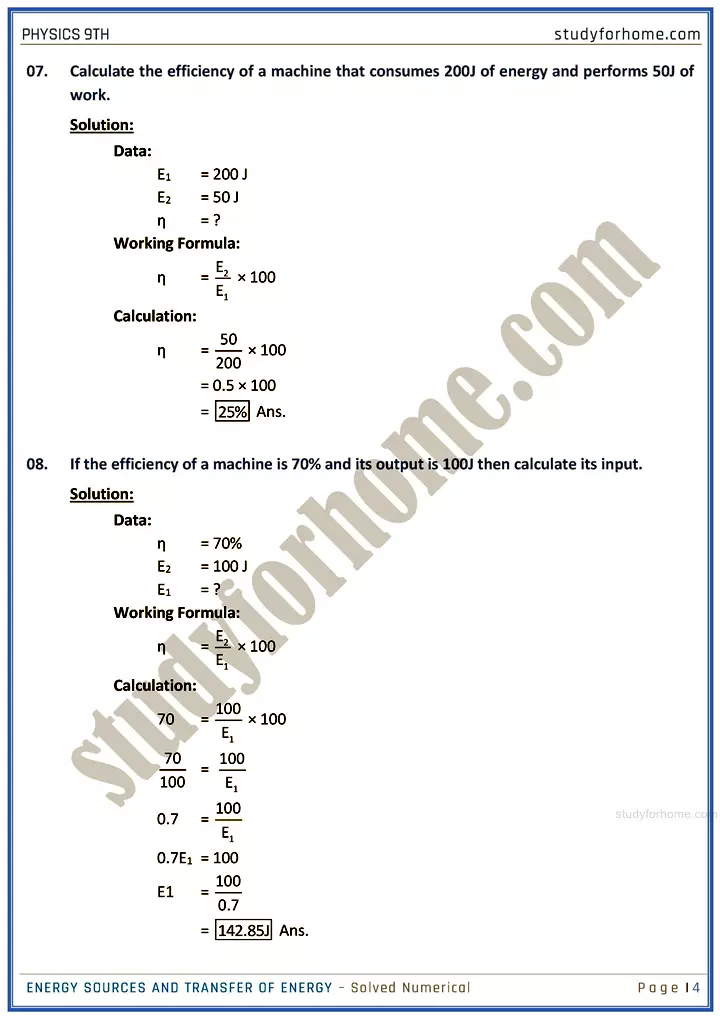 energy sources and transfer of energy solved numerical physics class 9th 04