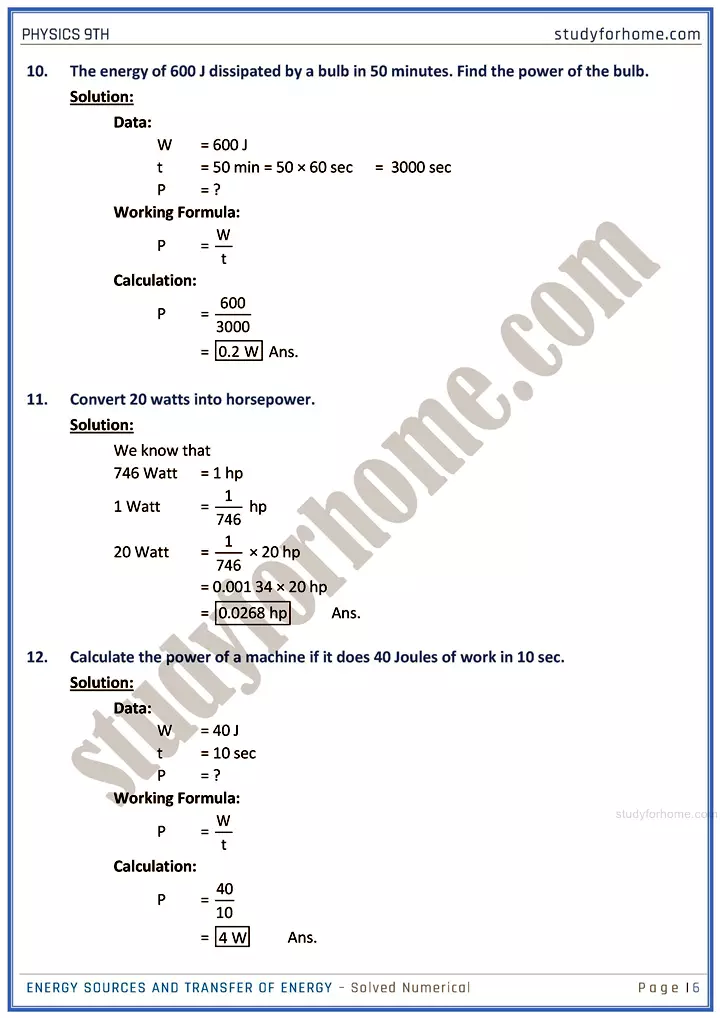 energy sources and transfer of energy solved numerical physics class 9th 06