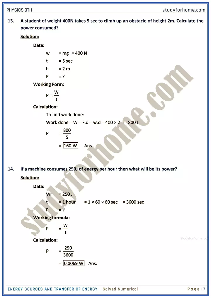 energy sources and transfer of energy solved numerical physics class 9th 07