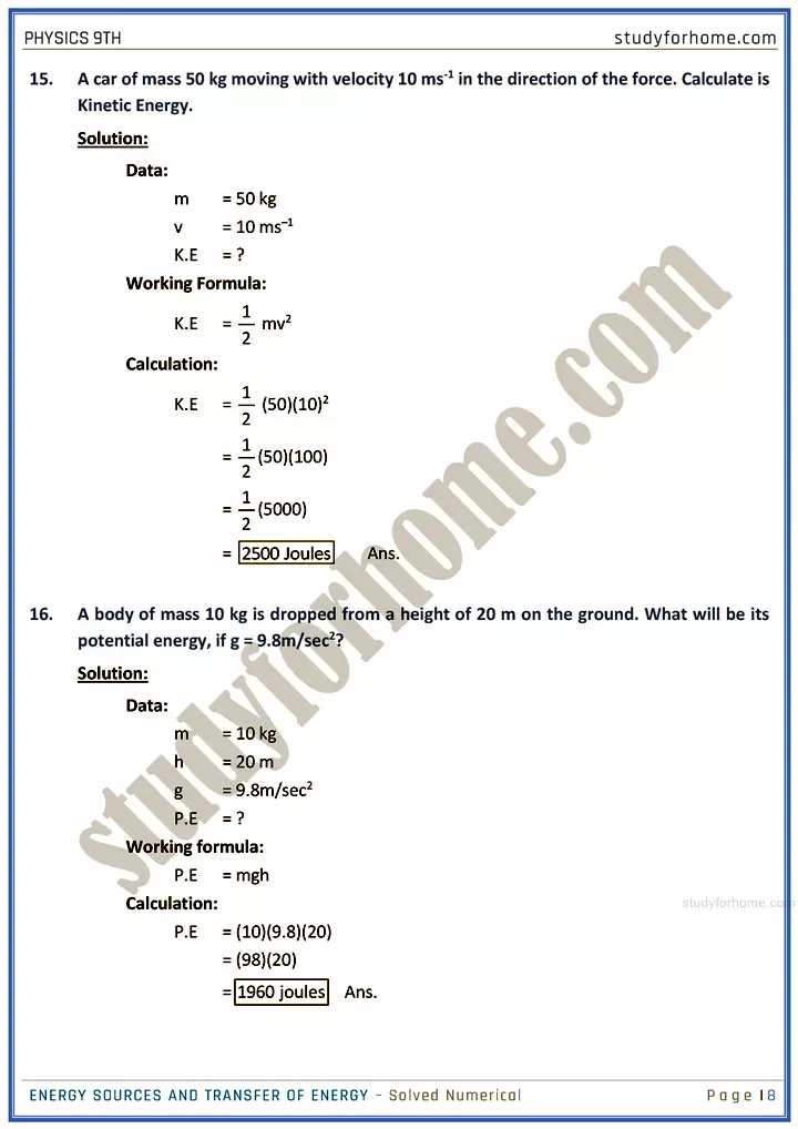 energy sources and transfer of energy solved numerical physics class 9th 08