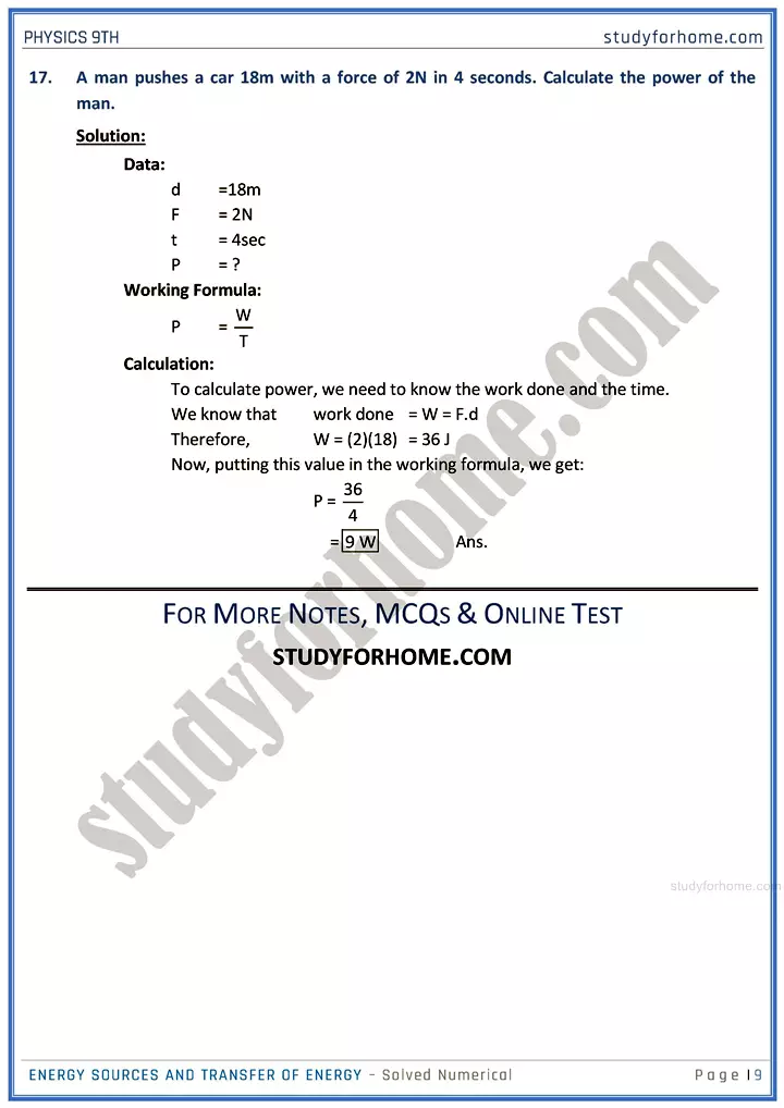 energy sources and transfer of energy solved numerical physics class 9th 09