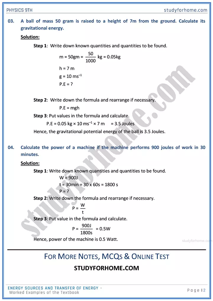 energy sources and transfer of energy worked examples of the textbook physics class 9th 02