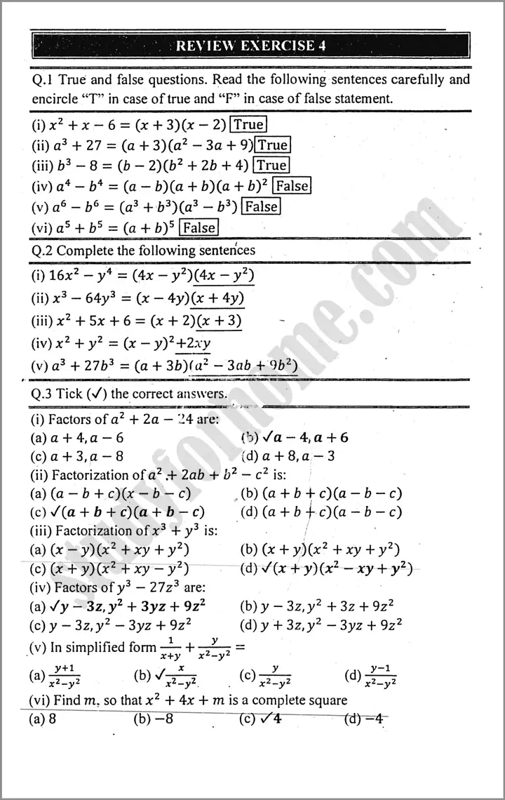 factorization review exercise 4 mathematics class 9th 01