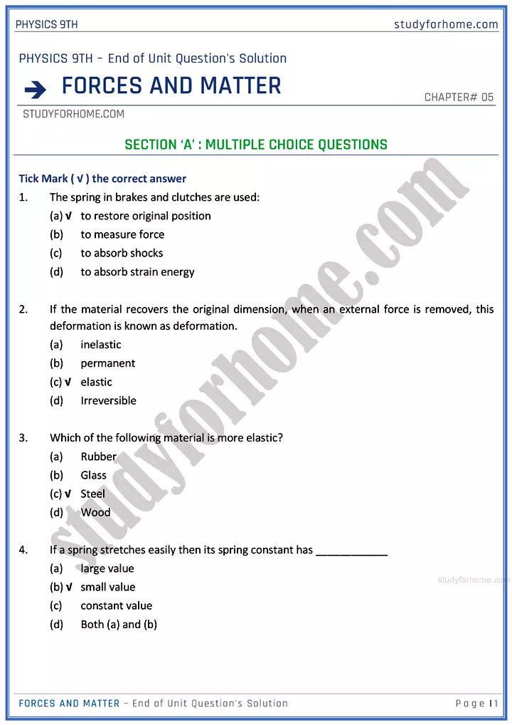 forces and matter end of unit questions solution physics class 9th 01