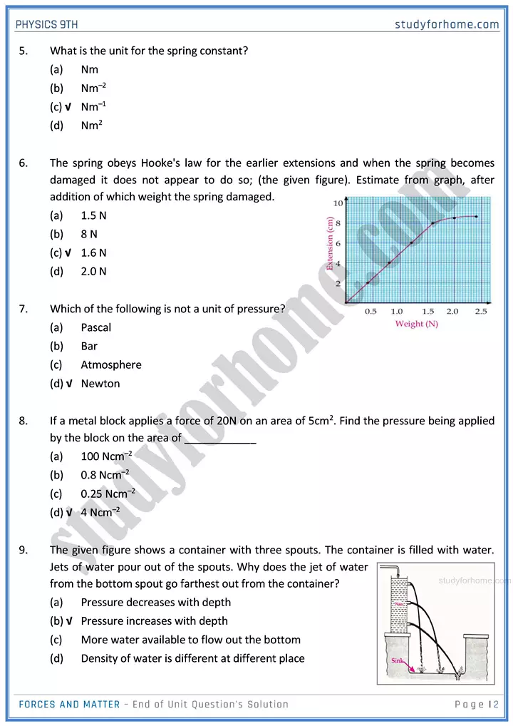 forces and matter end of unit questions solution physics class 9th 02