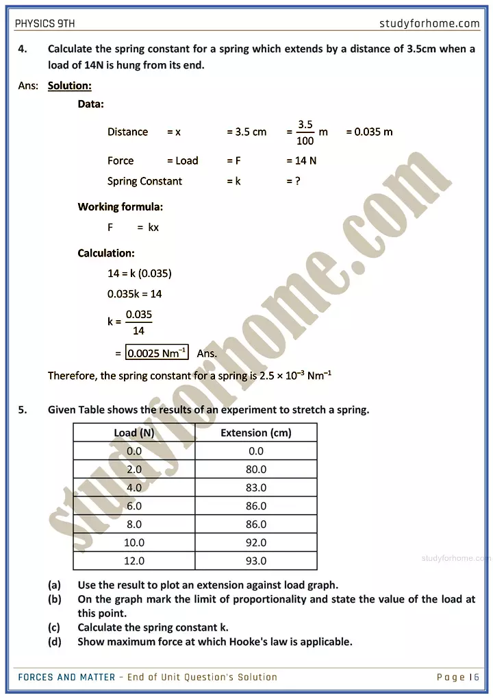 forces and matter end of unit questions solution physics class 9th 06