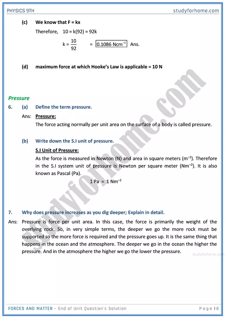 forces and matter end of unit questions solution physics class 9th 08