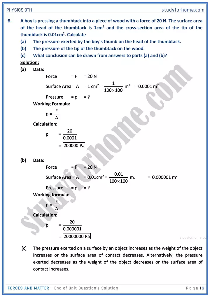 forces and matter end of unit questions solution physics class 9th 09