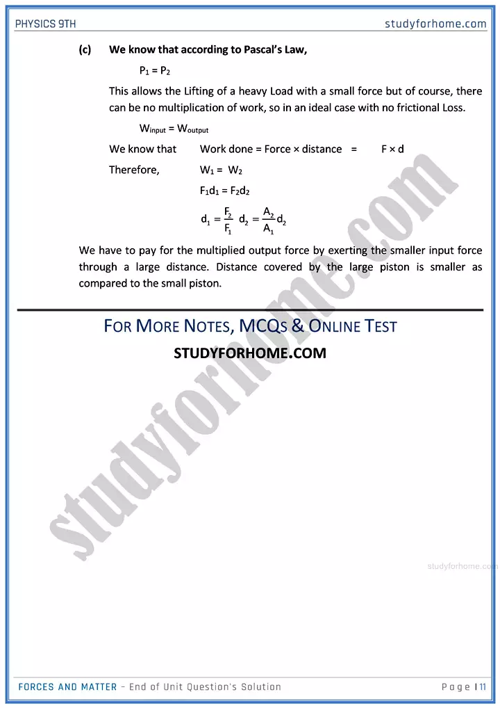 forces and matter end of unit questions solution physics class 9th 11