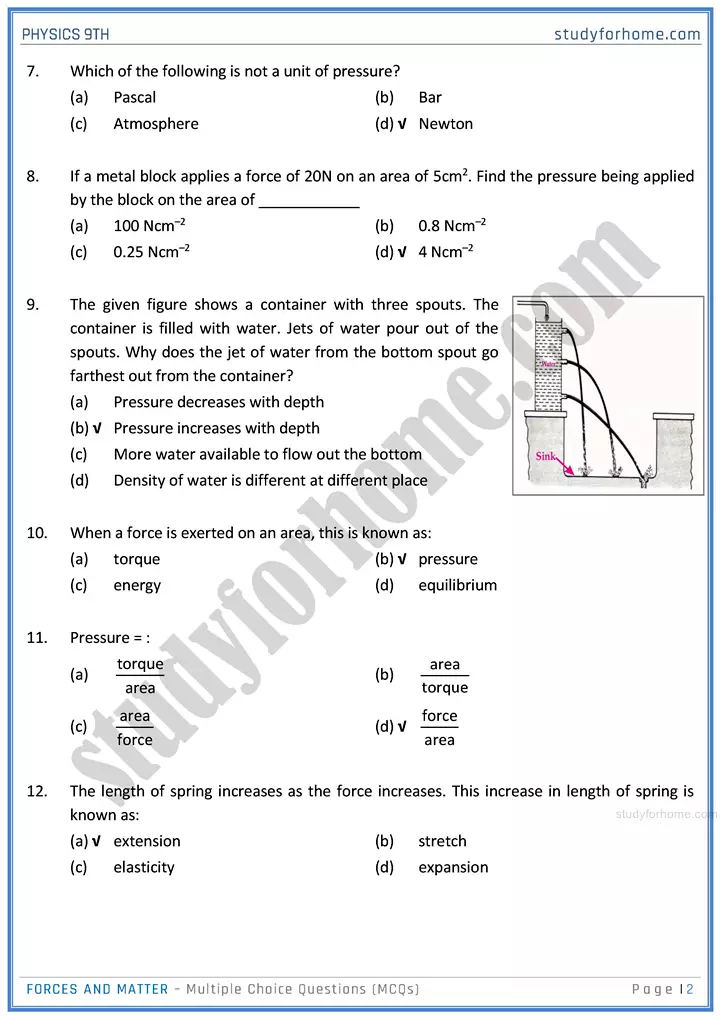 forces and matter multiple choice questions physics class 9th 02