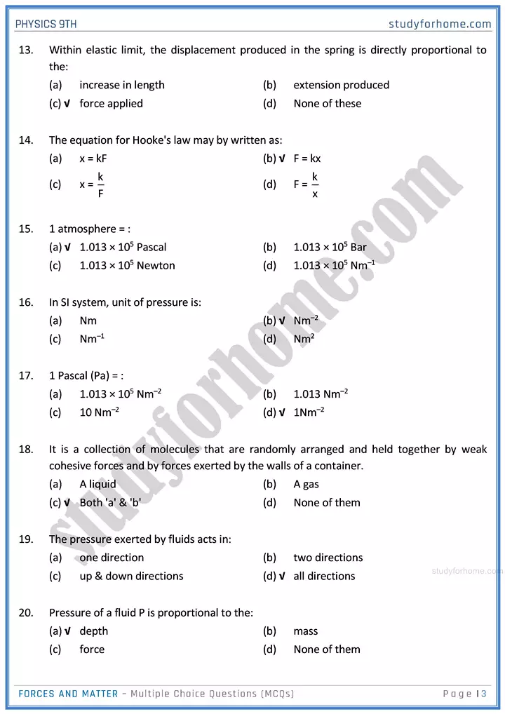 forces and matter multiple choice questions physics class 9th 03